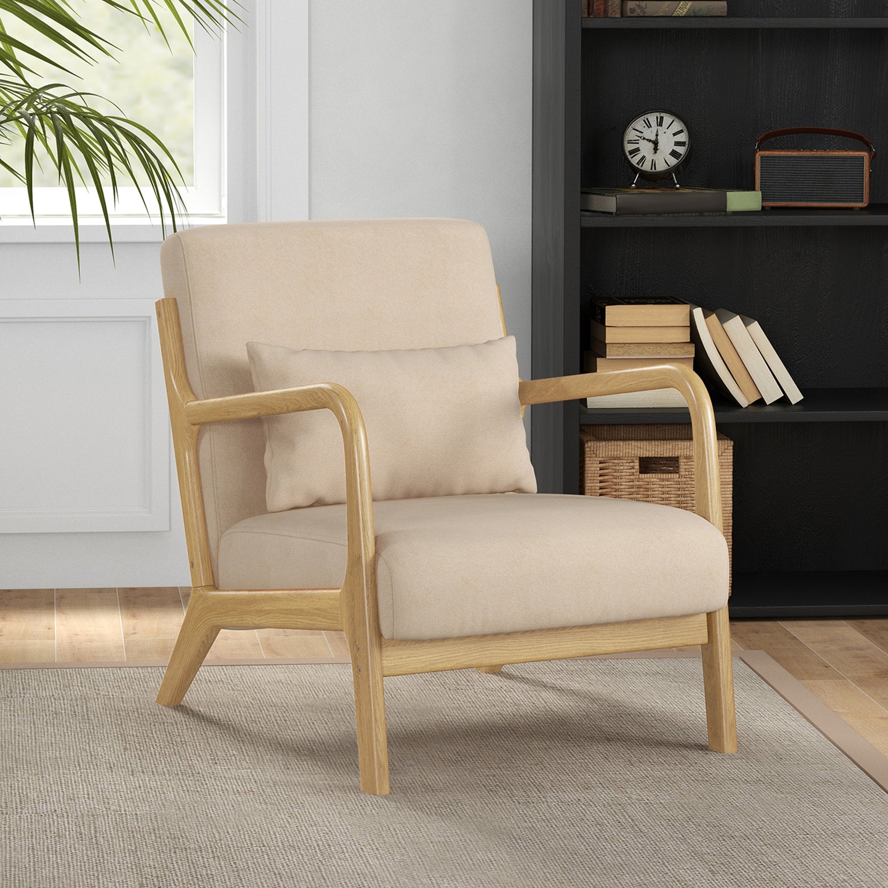 Fauteuil lounge - 3 coussins inclus - assise profonde - accoudoirs - structure bois hévéa - aspect velours beige