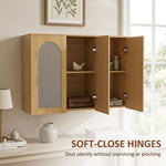 Armoire murale de salle de bain bohème avec 3 portes effet rotin à fermeture douce et étagère réglable, chêne