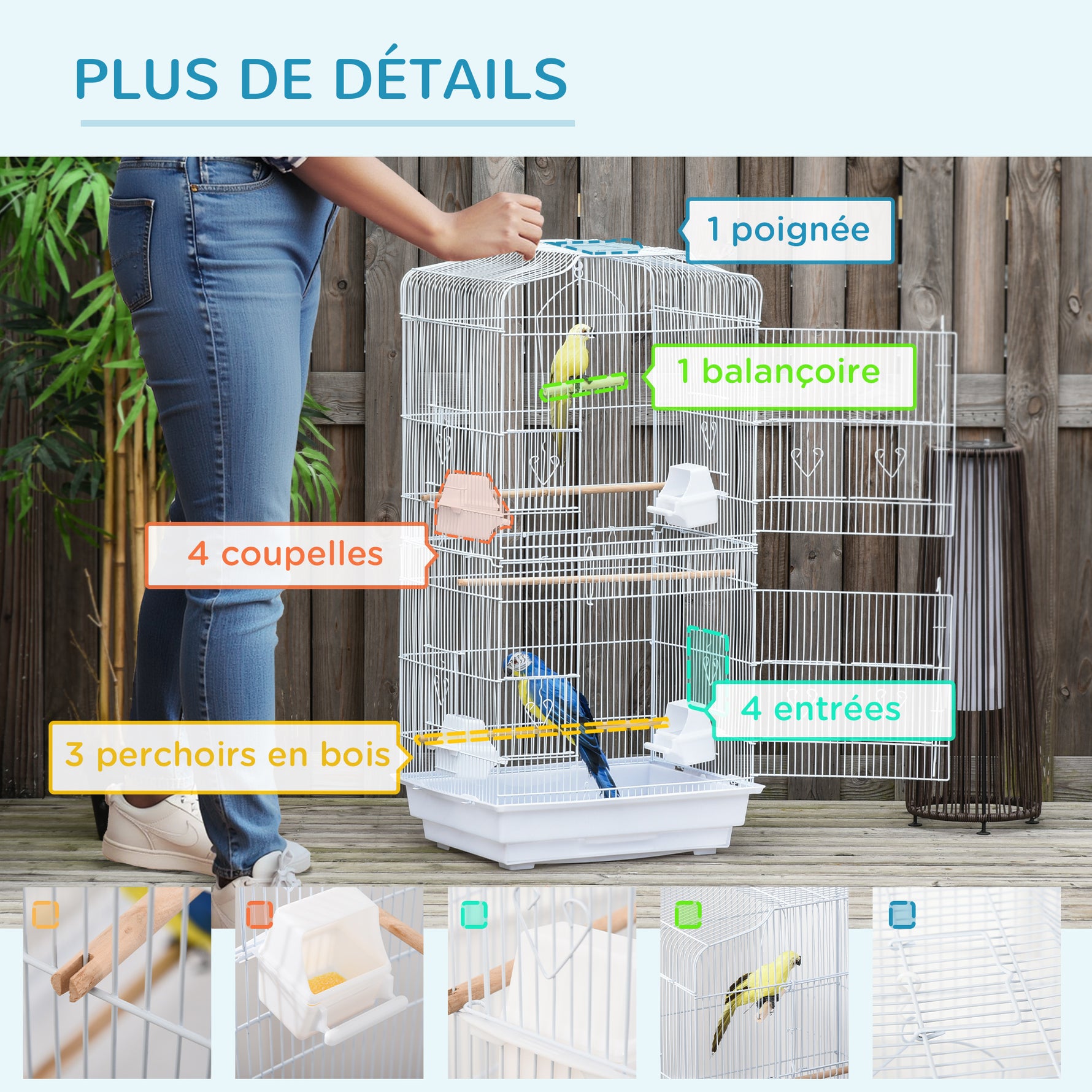 Cage à oiseaux volière avec mangeoires perchoirs plateau excrément amovible cage pour canaris perruches perroquets 46,5 x 35,5 x 92 cm blanc-5