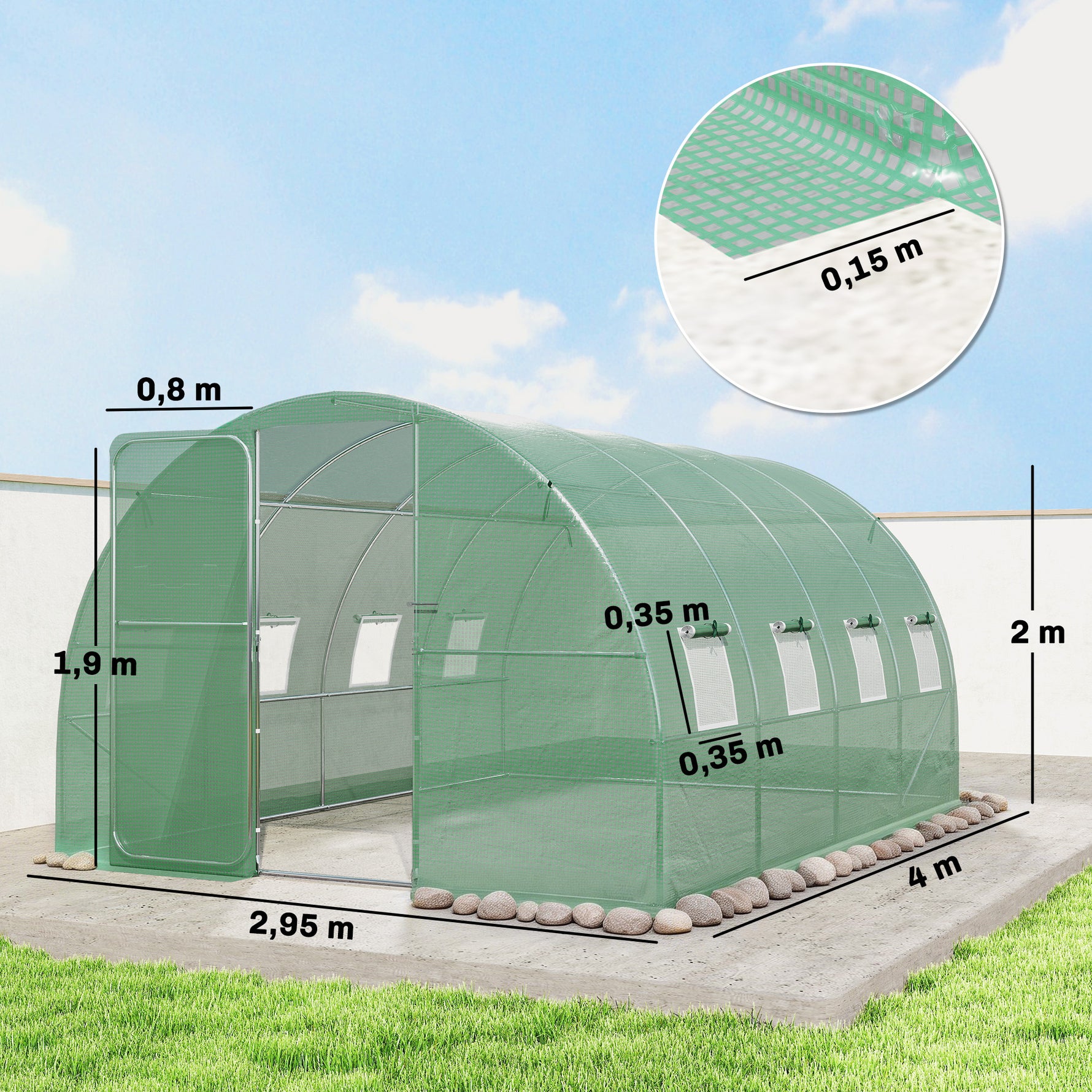 Serre tunnel de jardin 12m², serre de jardin tunnel 295x400x200cm porte et 8 fenêtres, bâche PE 140 g/m² vert