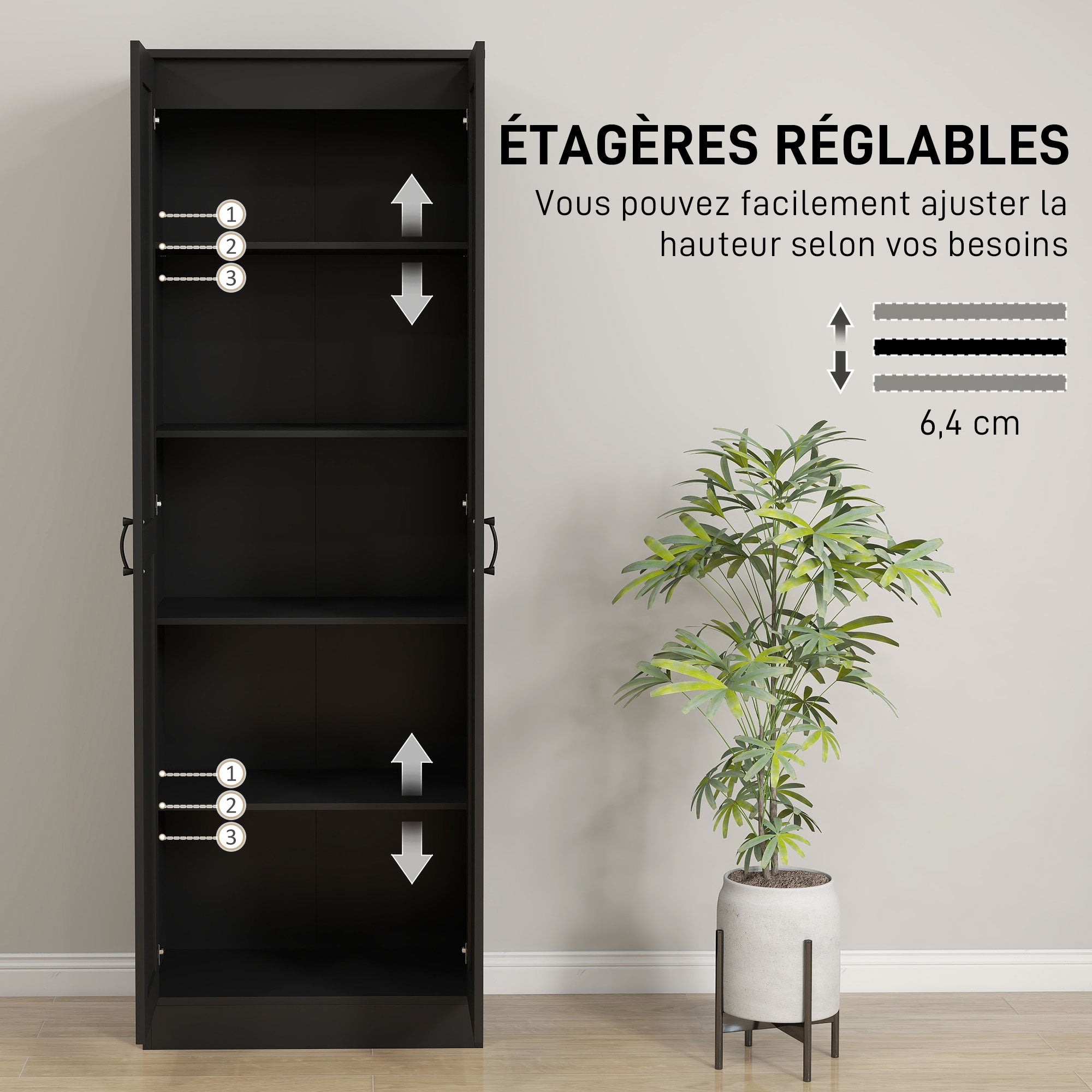 2-door storage cabinet with 5 shelves, contemporary style, 60L x 36.5W x 175H cm, black