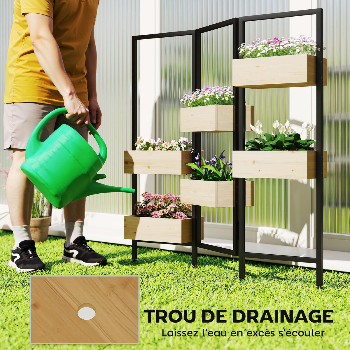Séparateur de pièce avec 6 bacs, paravent extérieur pliable à 3 panneaux avec trou de drainage et doublure, bois naturel