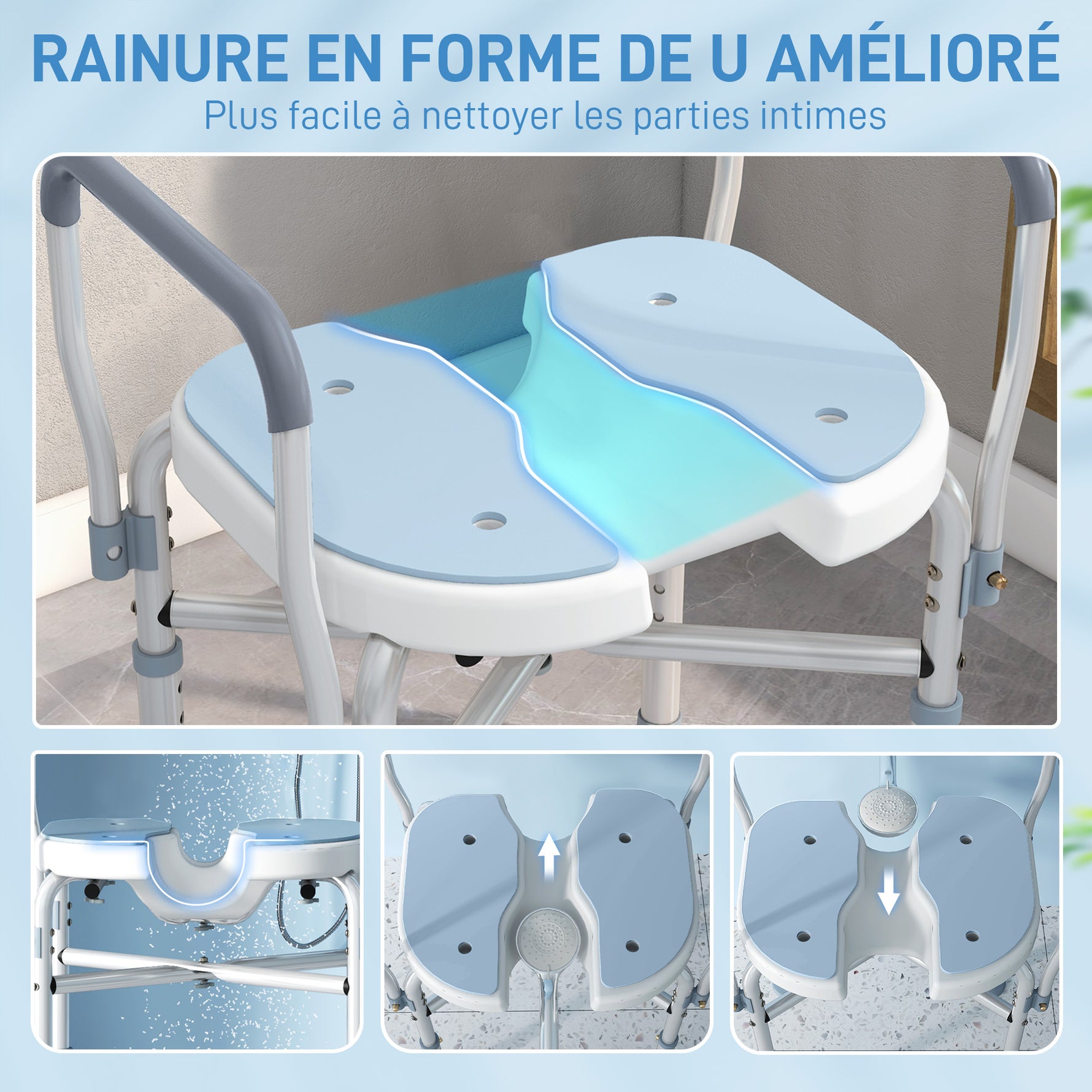 Chaise de douche avec accoudoirs siège de douche en forme U hauteur réglable anti-dérapant 53 x 36 x 64-75 cm bleu clair