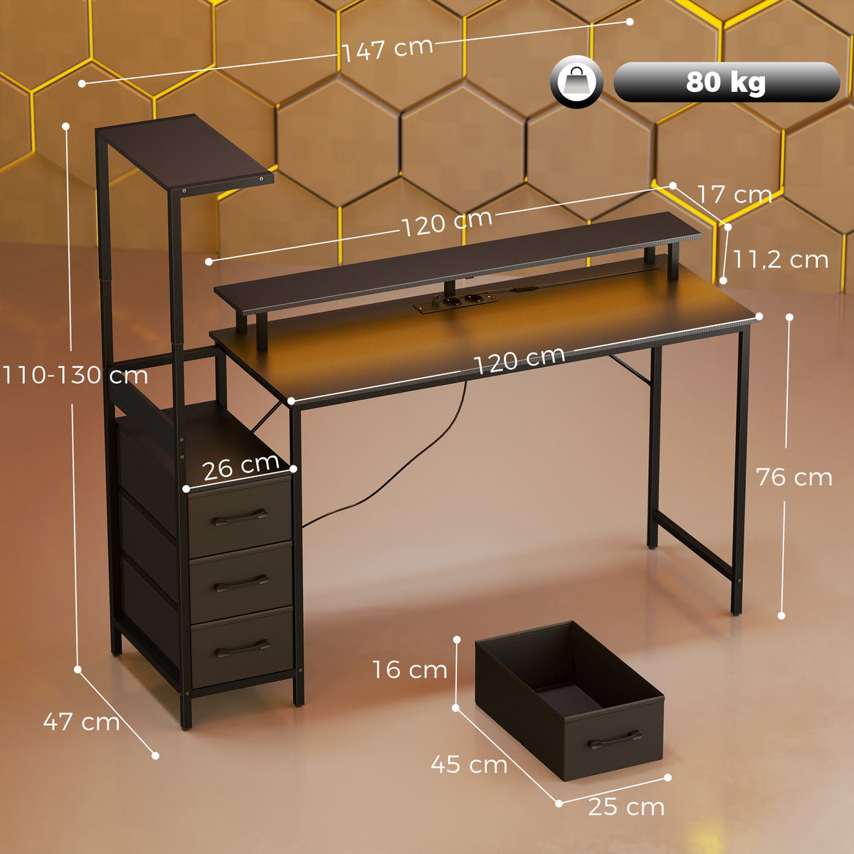 Gaming-Schreibtisch 147 x 47 cm, RGB-Beleuchtung, Steckdosen und USB-Anschlüsse, verstellbare und beidseitig montierbare PC-Halterung, Schwarz