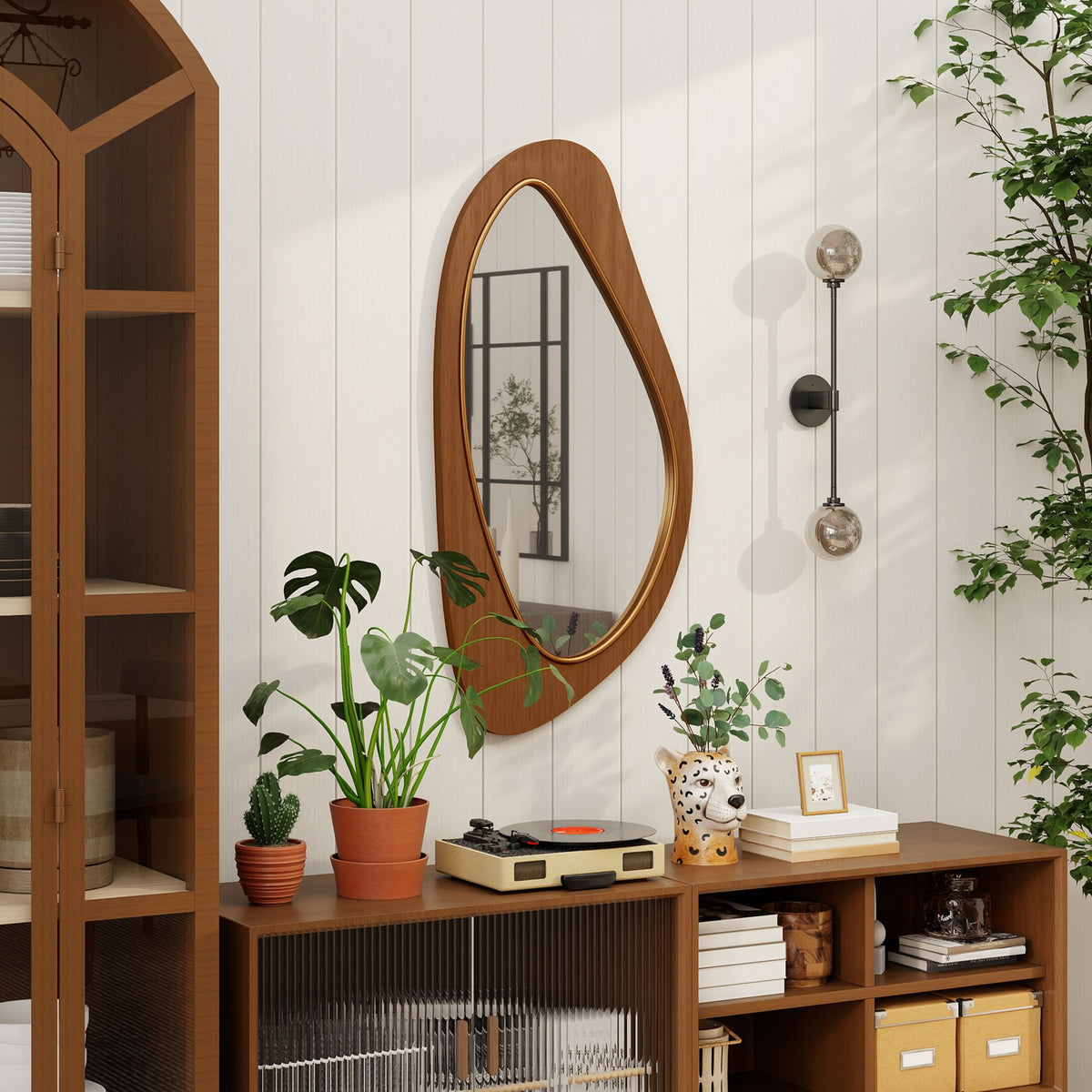 Miroir mural asymétrique 91,5 x 45 cm, miroir suspendu moderne, cadre en bois, effet bois naturel