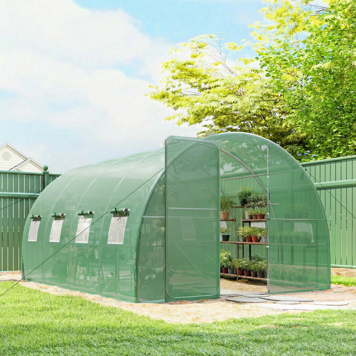 Gewächshaus-Tunnel 12m², Gartentunnel 295x400x200cm mit Tür und 8 Fenstern, PE-Folie 140 g/m² grün