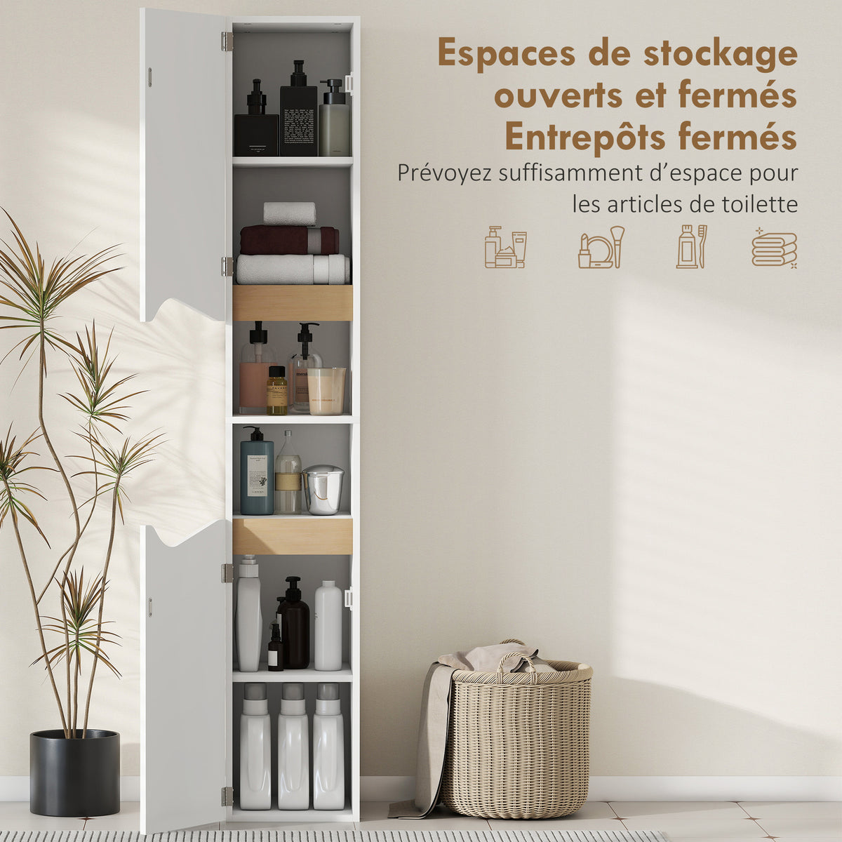 Meuble colonne salle de bain étroit, 2 portes, compartiments ouverts, étagères réglables, 30 x 34,6 x 180,5 cm, blanc