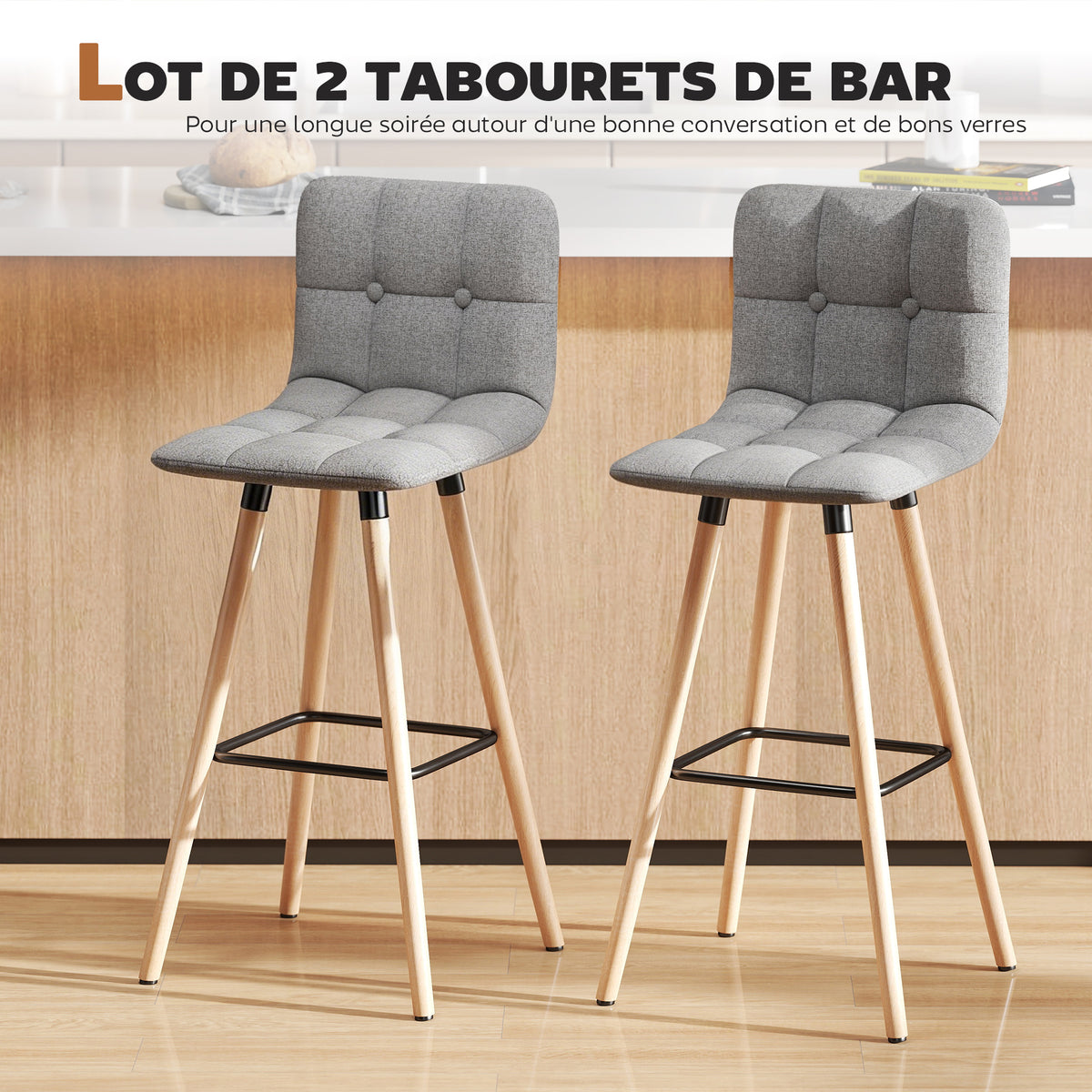 2er-Set Barhocker, gepolsterte Barstühle mit Rückenlehne und Fußstütze, Holzbeine, 41,5x47x97,5 cm, Grau