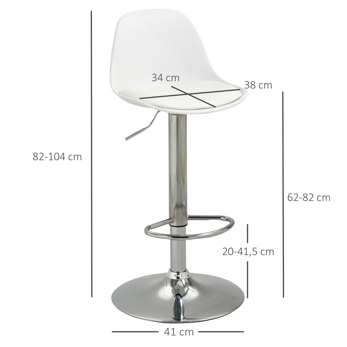 Lot de 2 tabourets de bar chaise haute cuisine avec dossier et repose-pieds, hauteur réglable, 41x42x82-104cm, blanc