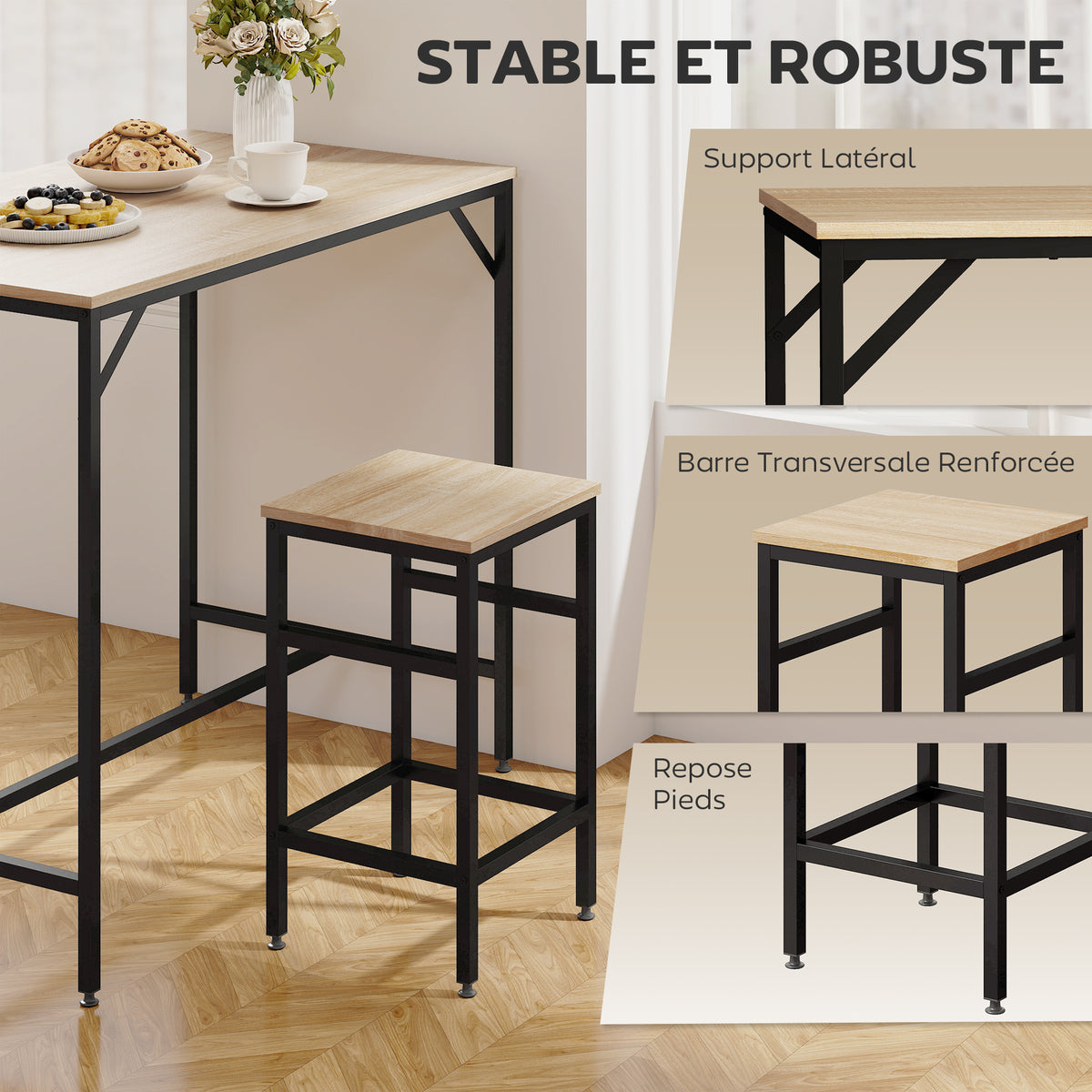 Ensemble Table de Bar Industriel + 4 tabourets Repose-Pieds en Bois couleur Chêne Clair Cadre en métal Noir