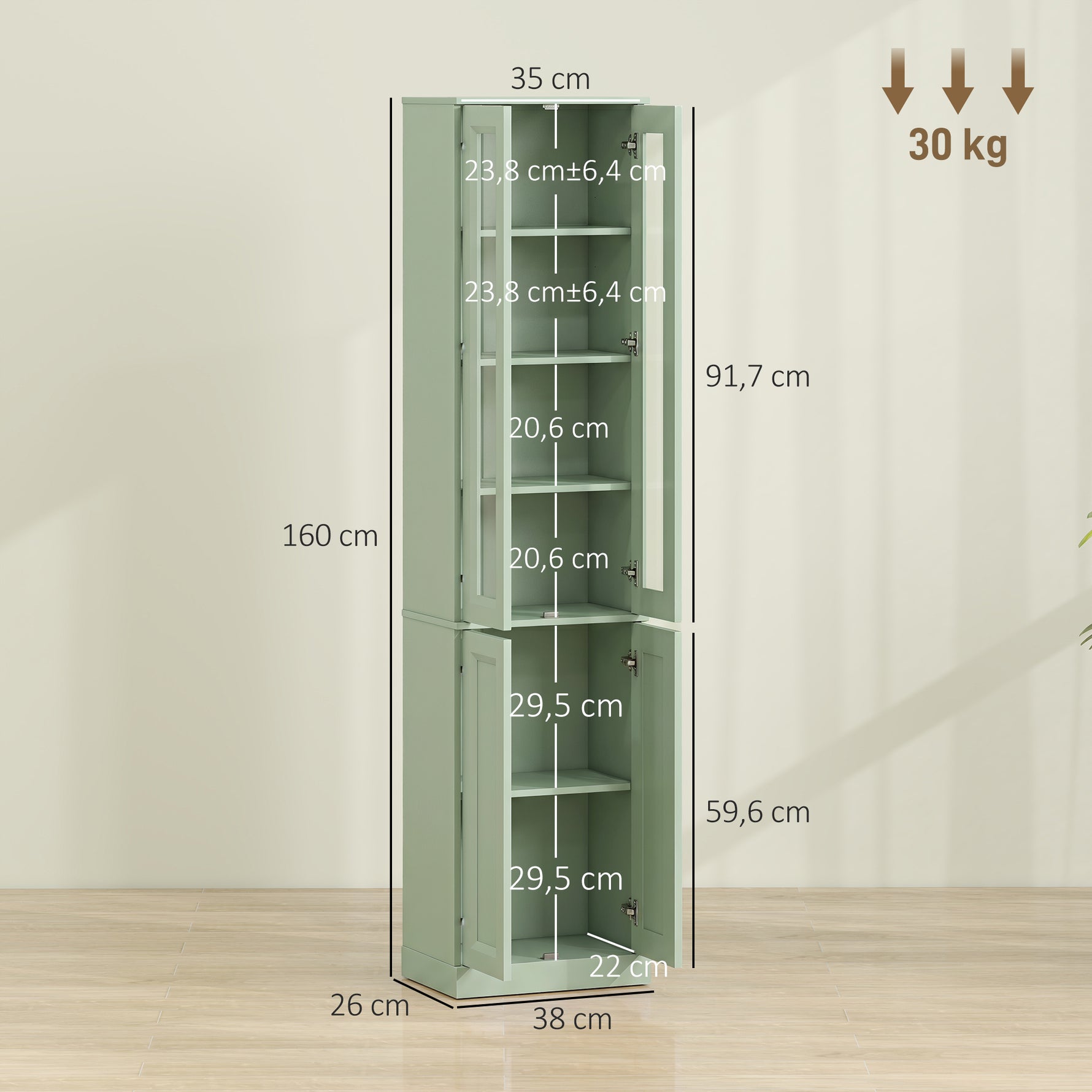Meuble de Salle de Bain 6 niveaux, Meuble de Rangement avec 4 Portes à Fermeture Douce et Étagères Réglables, Vert