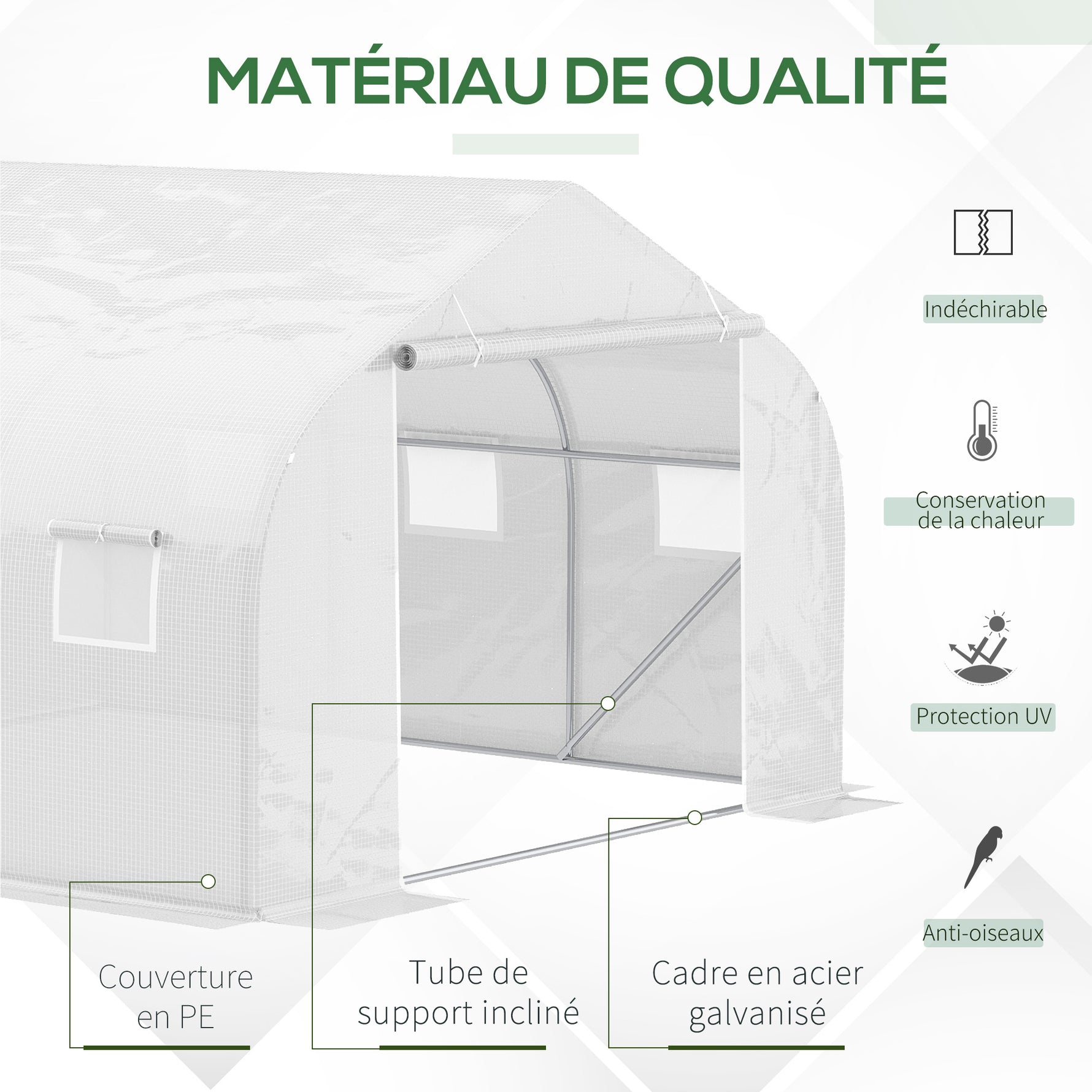 Serre Tunnel de Jardin 10,5 m² dim. 3,5L x 3l x 2H m Porte + 6 fenêtres enroulables Acier galvanisé bâche PE Haute densité Blanc
