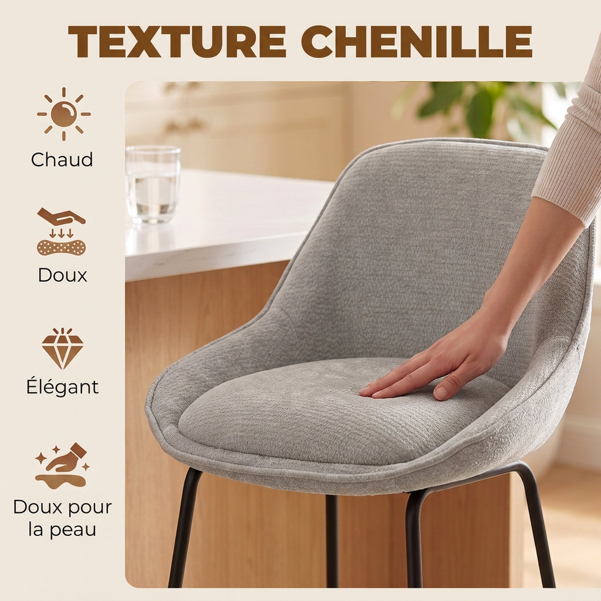 2er-Set Barhocker, Barstühle aus Chenille, gepolsterte Sitzfläche, Sitzhöhe 64 cm, mit Rückenlehne und Fußstütze, Grau