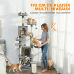 Arbre à chat tour de jeux pour chat 8 poteaux à griffer 4 plateformes 2 niches  échelle et 3 boules hauteur 192 cm gris