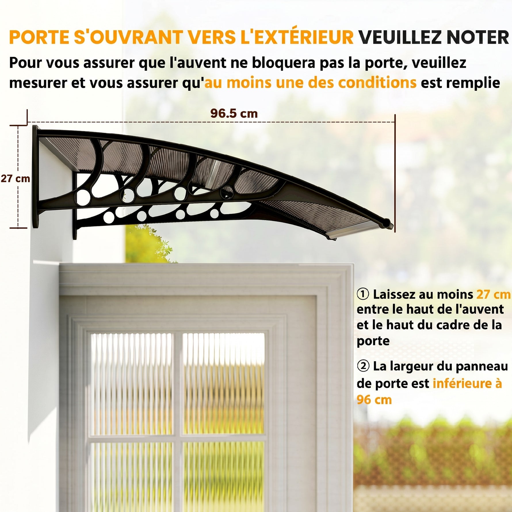 Auvent de Porte d'Entrée, Toit Marquise de Porte Extérieur en Polycarbonate et Profil Aluminium, 103x96,5cm, Marron