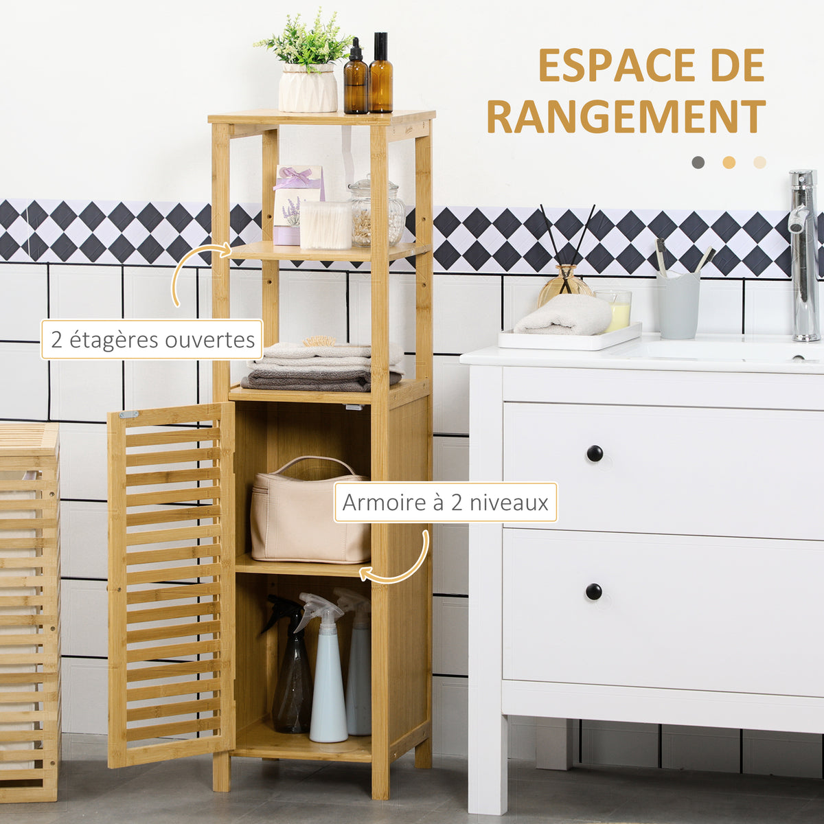 Meuble colonne salle de bain en bambou 2 étagères ouvertes et placard, 32,9 x 29,9 x 120 cm, bois naturel