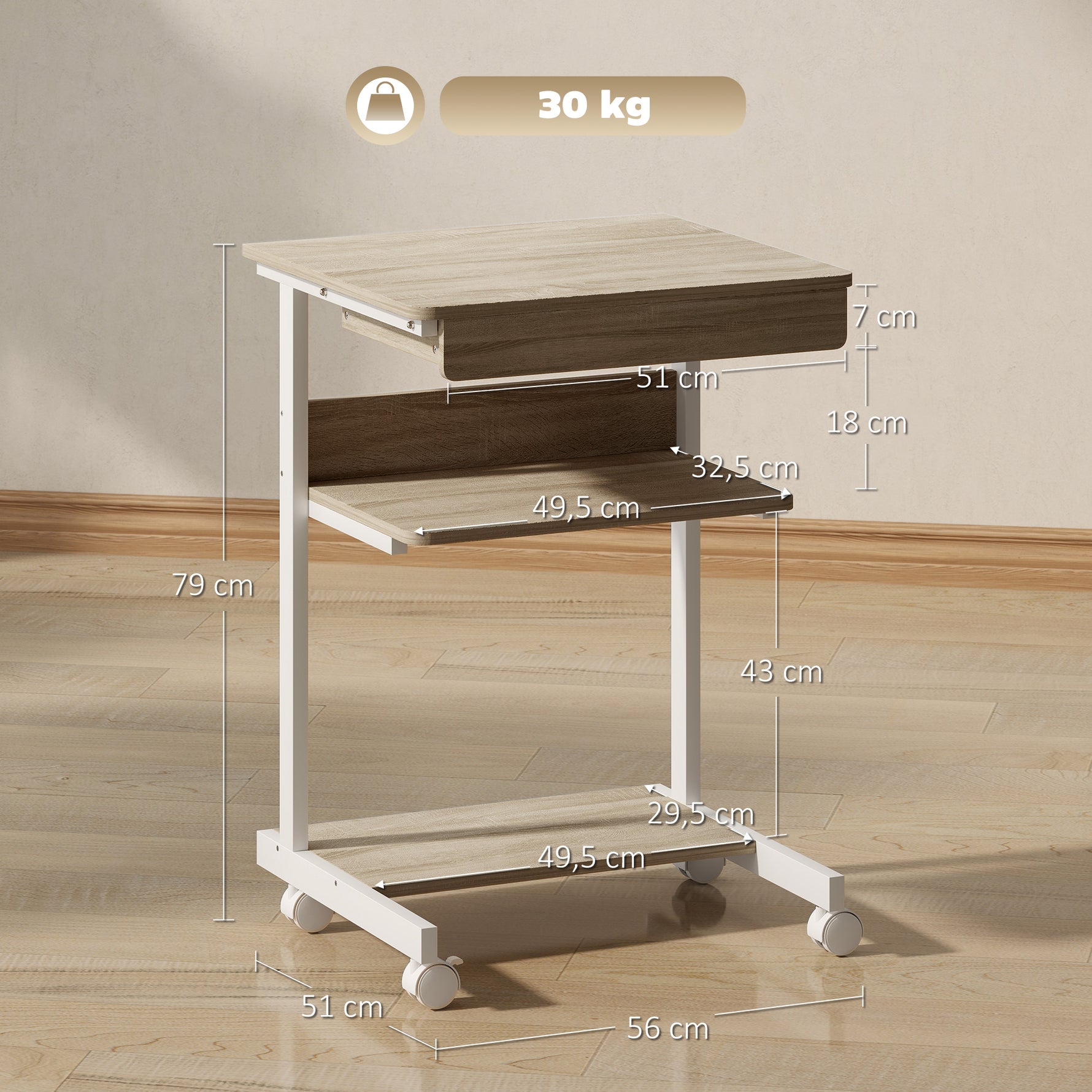Bureau d'ordinateur sur roues, bureau avec rangement 56 x 51 cm avec tiroir, compartiment et support CPU, chêne