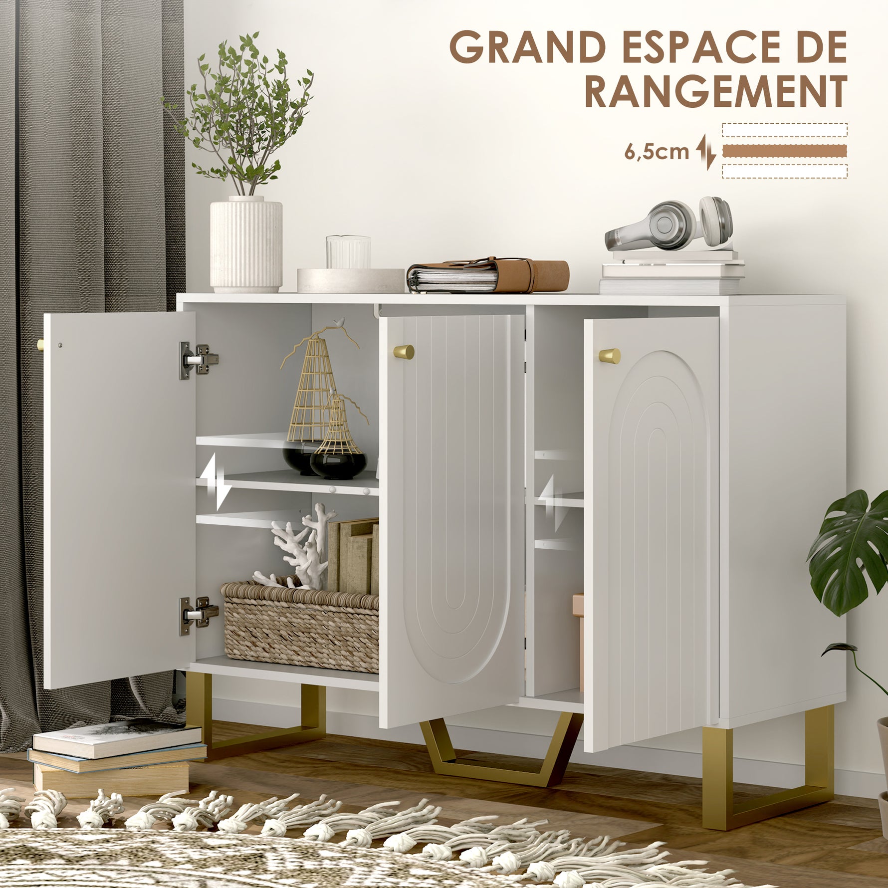 Buffet de salon avec placard à portes et étagère réglable, 106,5 x 35 x 77,5 cm, blanc