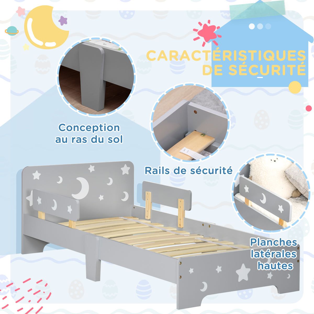 Lit pour enfants de 3 à 6 ans design étoiles et lune sommier à lattes inclus chambre moderne 143 x 76 x 49 cm gris