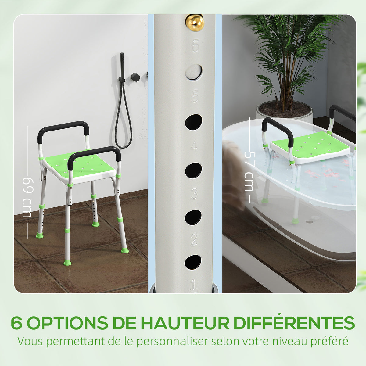 Tabouret de douche pour personnes âgées et handicapées avec accoudoirs, hauteur réglable, patins antidérapants, vert