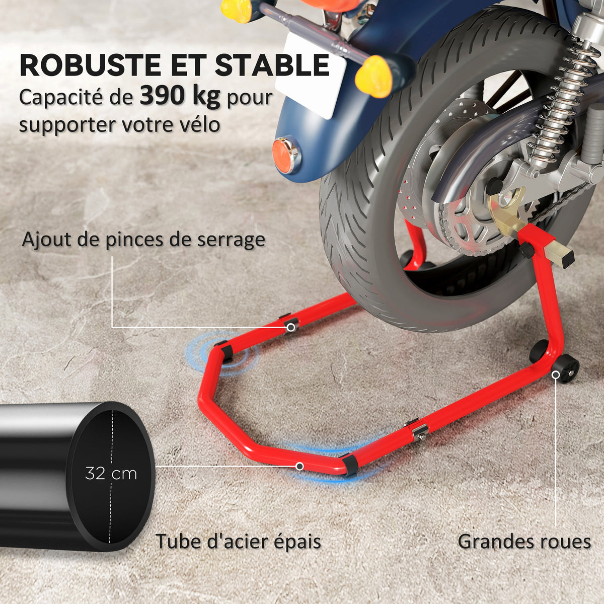 Béquille roue avant arrière charge 390kg béquille d'atelier moto bras réglable en acier, fourche en forme de U + L rouge