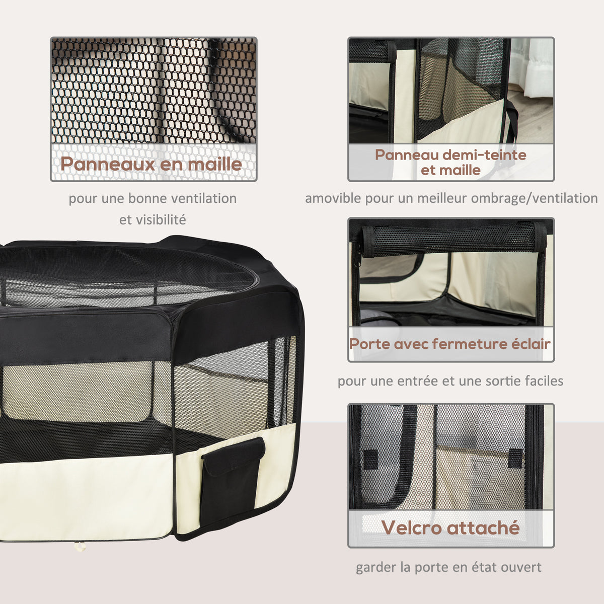 Parc enclos pliable pour chien chat petits animaux octogonal en tissu Oxford et acier - Ø 120 x 58H cm - noir et crème