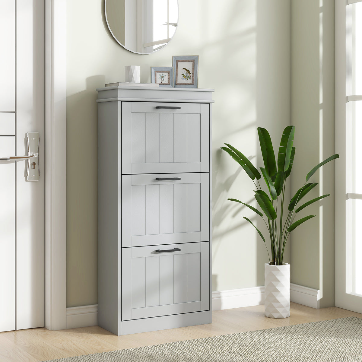Meuble à chaussures, armoire à chaussures 3 portes abattants 15 paires, étagères réglables, 54 x 24 x 117,5 cm, gris