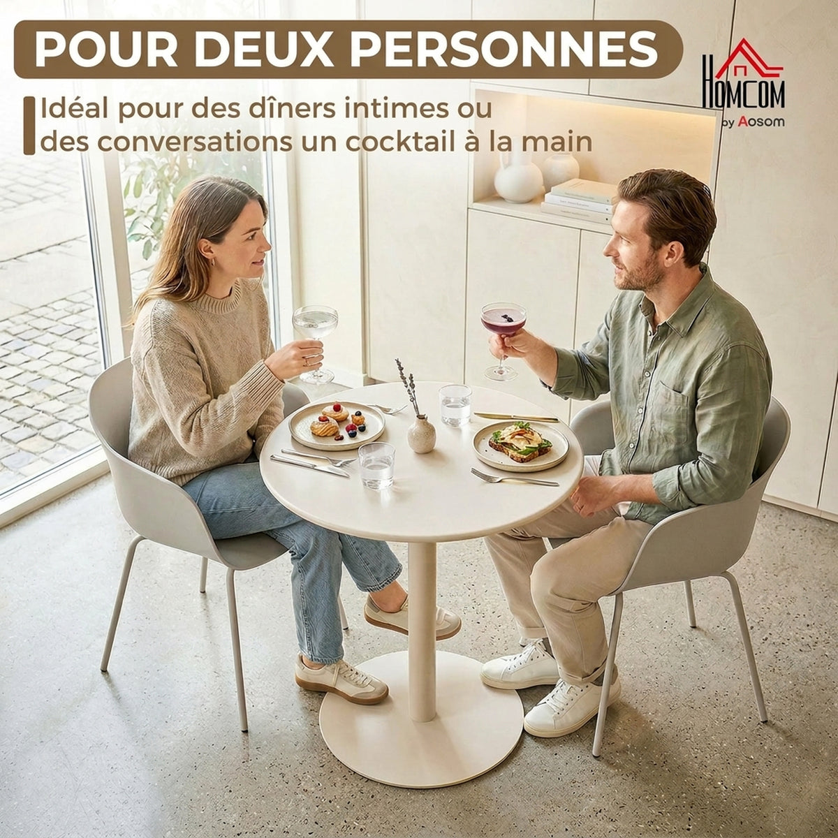 Tavolo da Pranzo Rotondo per 2 Persone Ø60 cm, Moderno con Base Rotonda, Struttura in Acciaio, per Interni ed Esterni, Beige