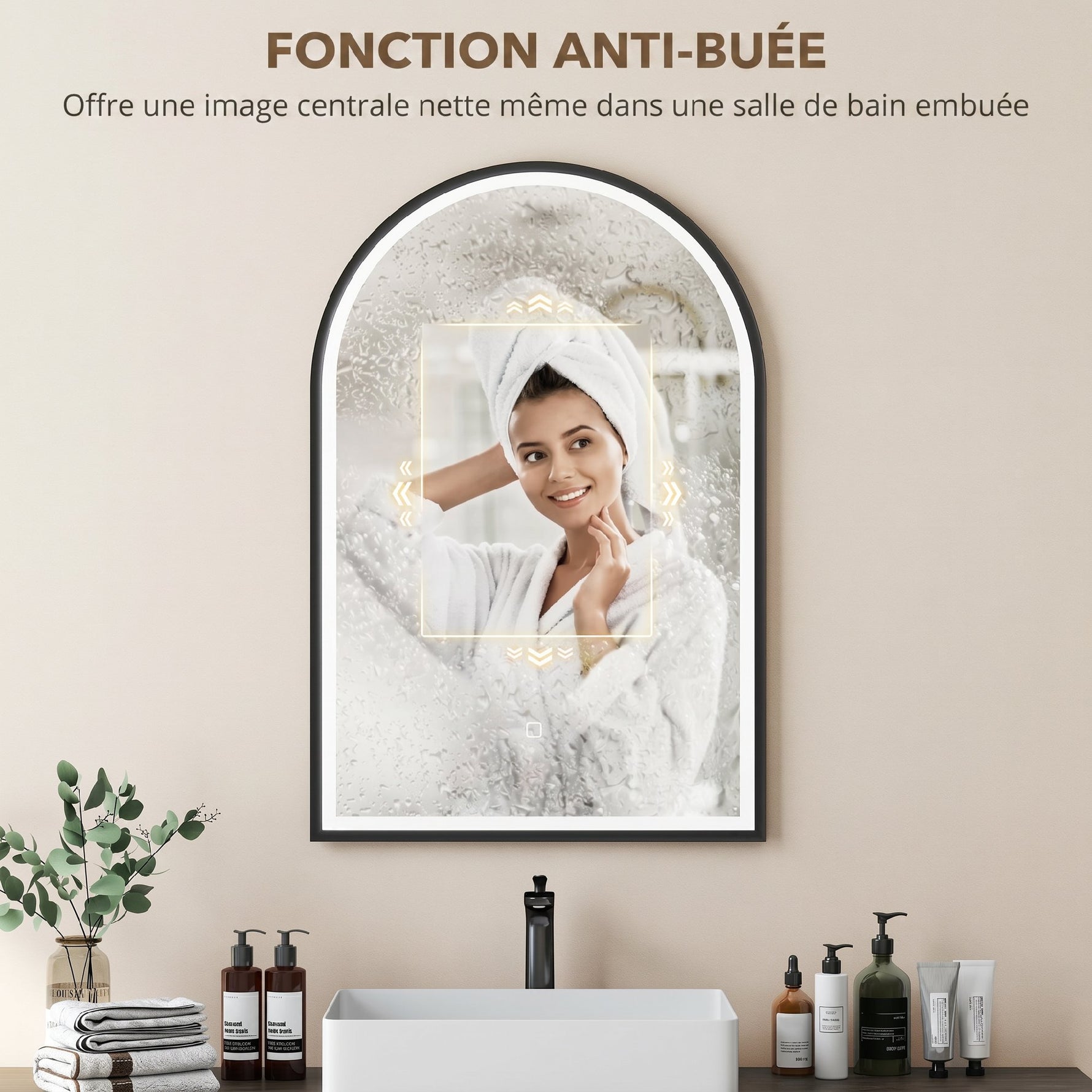 Miroir Salle de Bain avec Éclairage 60 x 90 cm, Miroir LED Arqué, Anti-Buée, 3 Couleurs Lumière, Dimmable, Mémoire, Noir