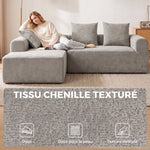 Canapé d'Angle en Chenille, Canapé 3 Places en L 242 cm avec Méridienne, Assise Profonde, Accoudoirs Larges, Gris Clair