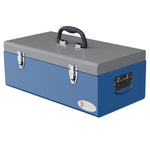 Caisse boite à outils en métal transportable avec 3 poignées, 2 loquets, dim. 50L x 26l x 18,5H cm, bleu
