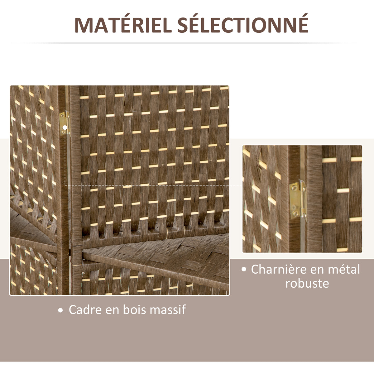 Paravent intérieur séparateur de pièce 4 panneaux 2 étagères bois de pin tressée fibres de papier 181 x 180 cm marron
