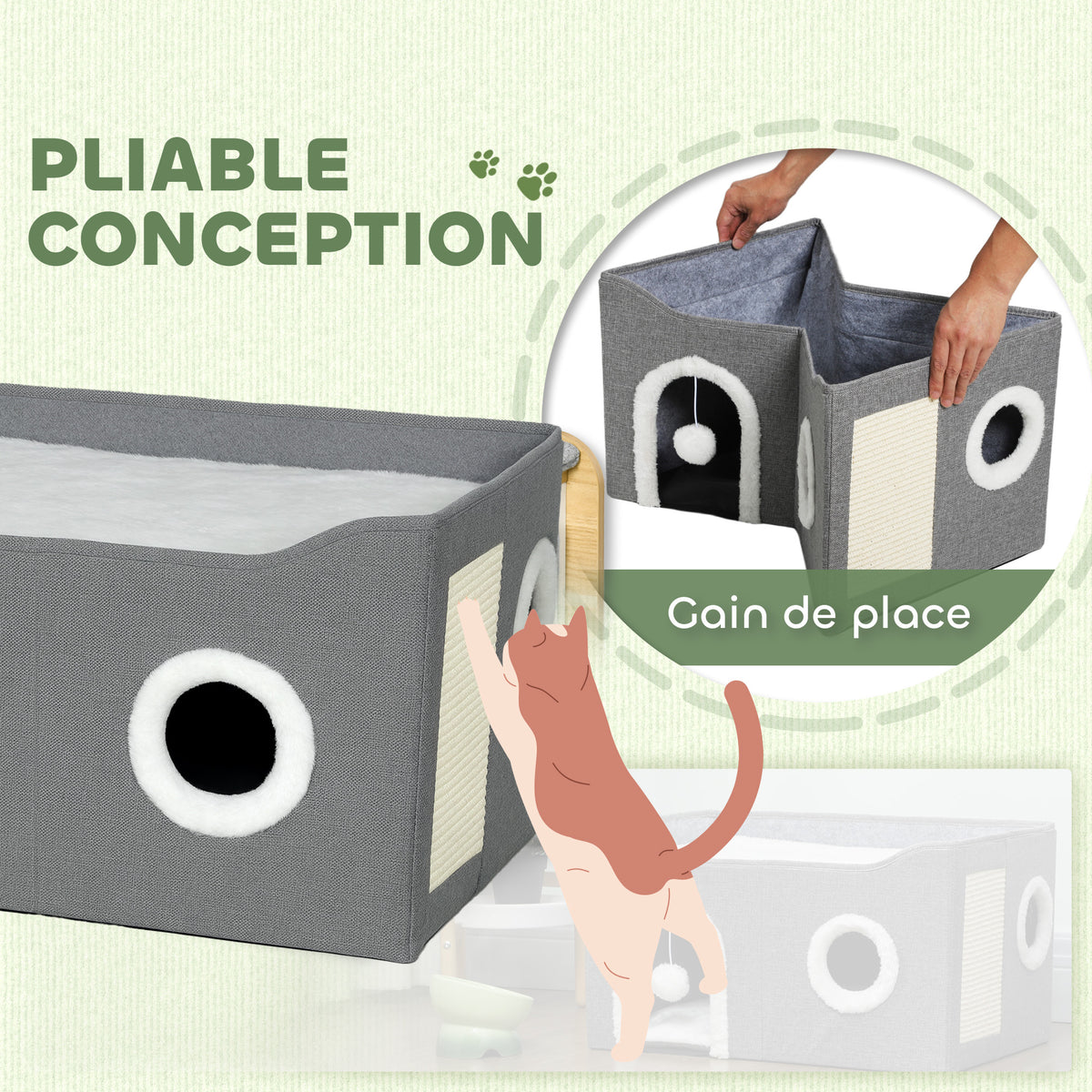 Niche Chat Interieur Pliable avec Griffoir, Lit Surélevé, Entrées, Jouet Suspendu, Coussin Réversible, 60x40x34cm, Gris