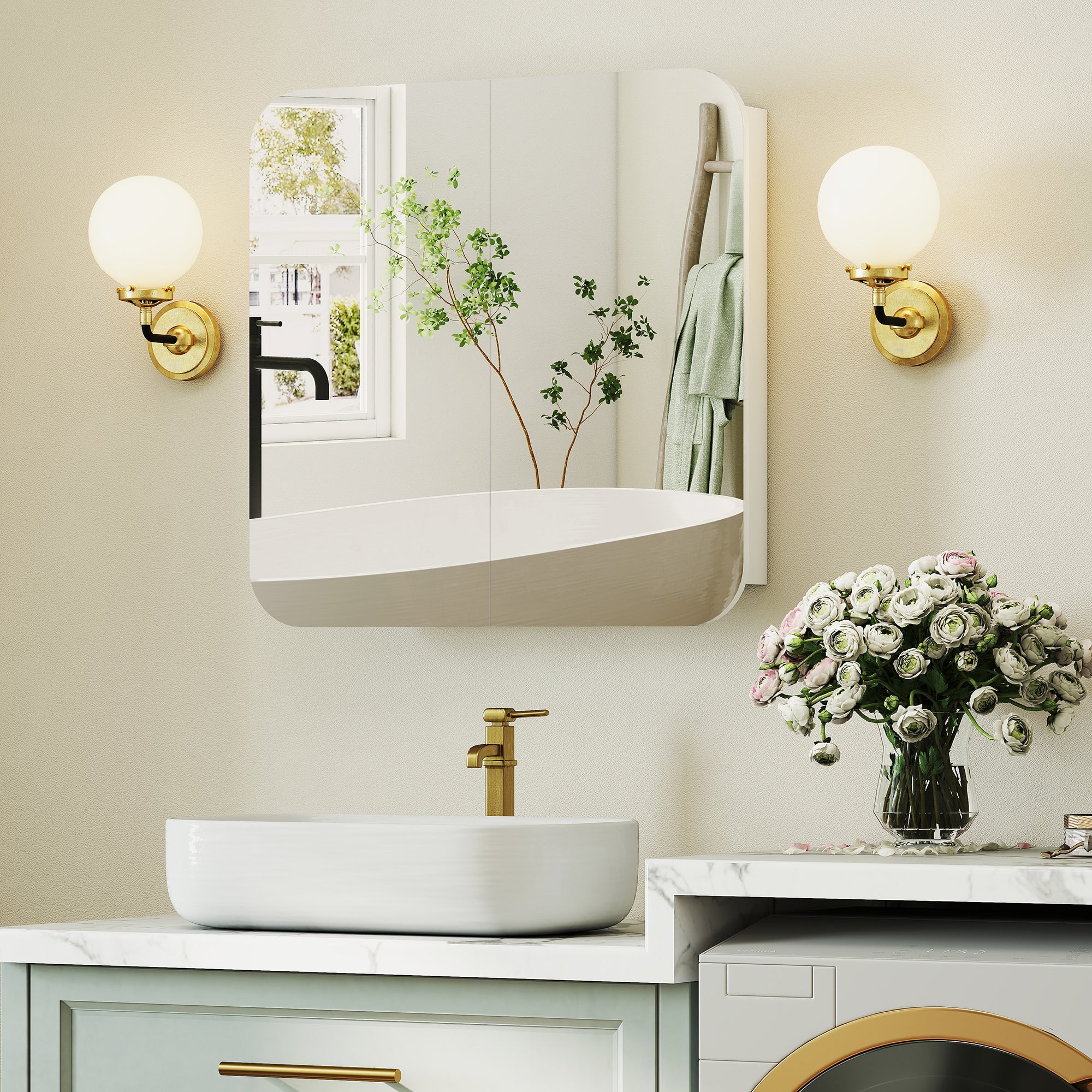 Armoire murale salle de bain avec miroir arqué meuble salle de bain étagère réglable portes miroir 68 x 13 x 66 cm blanc