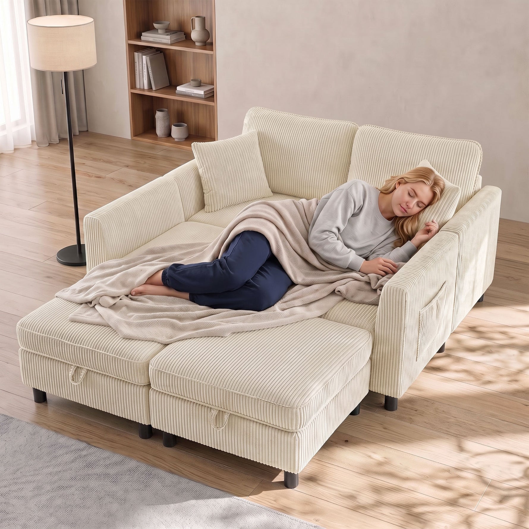 Canapé 4 Places avec 2 Poufs de Rangement, Canapé d'Angle Modulable en U 306 cm en Velours Côtelé, 4 Coussins, Crème
