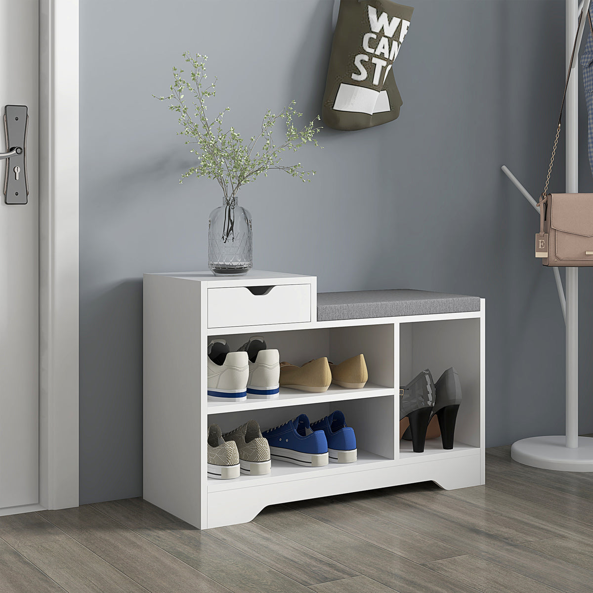 Mueble zapatero y banco con 1 cajón y 3 compartimentos, capacidad 5 pares, MDF, 76,5L x 30P x 52A cm