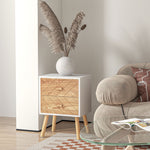 Chevet Table de Nuit Design scandinave 40L x 30l x 56H cm tiroirs Bois Massif pin MDF Blanc et hêtre Motif Graphique