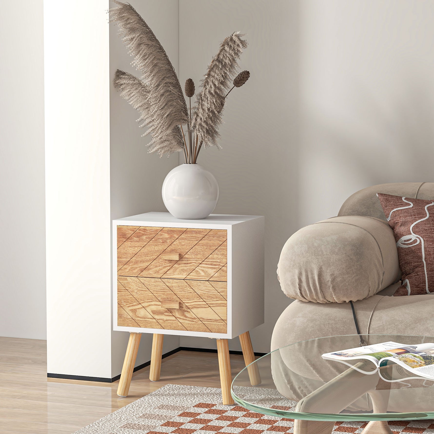 Chevet Table de Nuit Design scandinave 40L x 30l x 56H cm tiroirs Bois Massif pin MDF Blanc et hêtre Motif Graphique