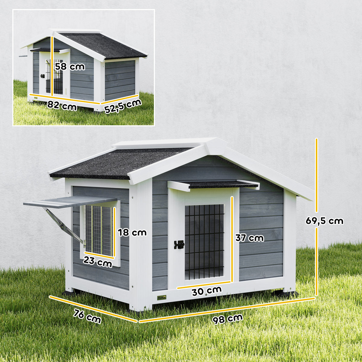 Niche pour Chien Extérieur Abri Jardin Surélevé Plancher Amovible Auvent de Porte et Toit Imperméable 98x76x69,5cm Gris