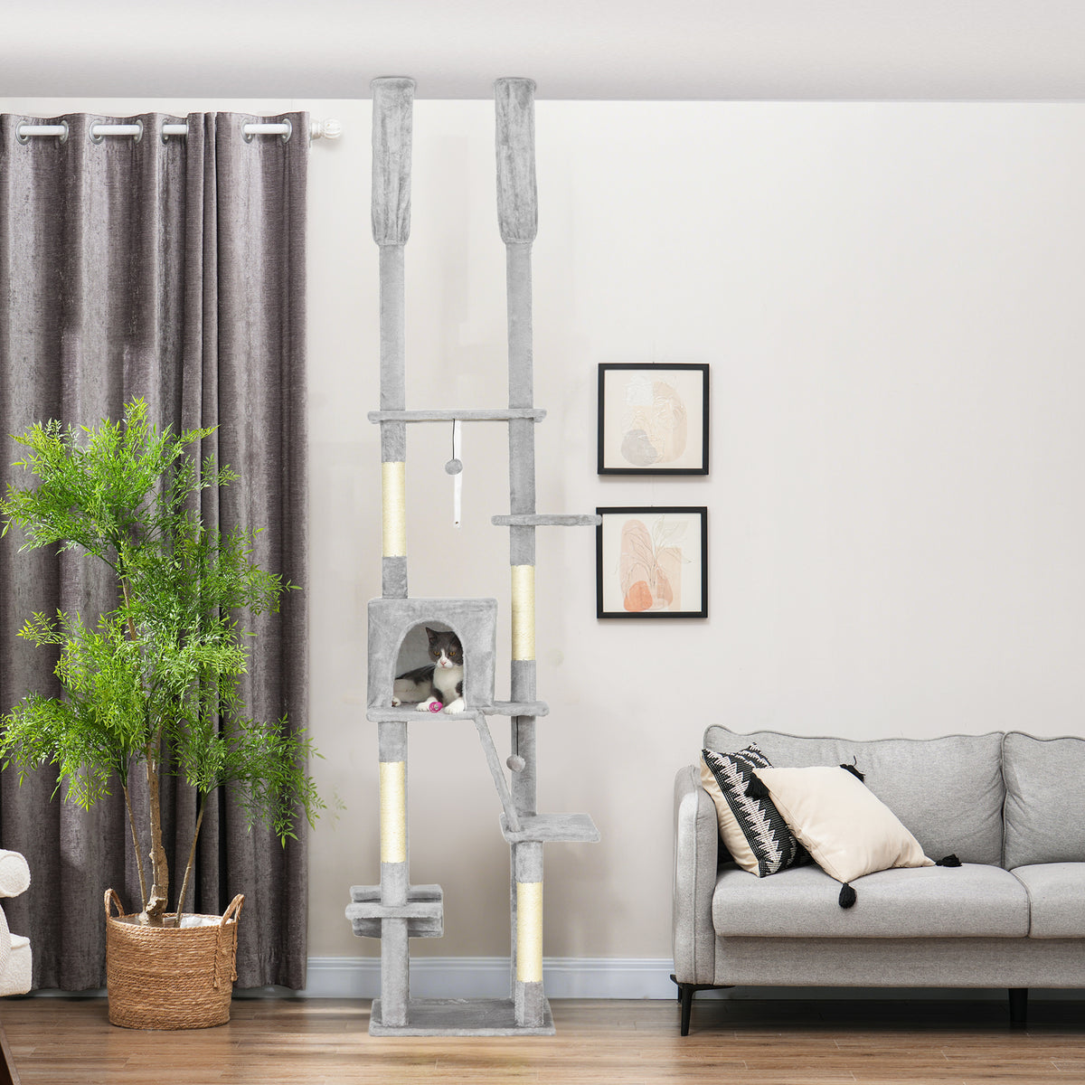 Klimpaal van vloer tot plafond krabpaal voor katten in hoogte verstelbaar 225-255 cm 6 niveaus met kattenhuisje hangmat lichtgrijs