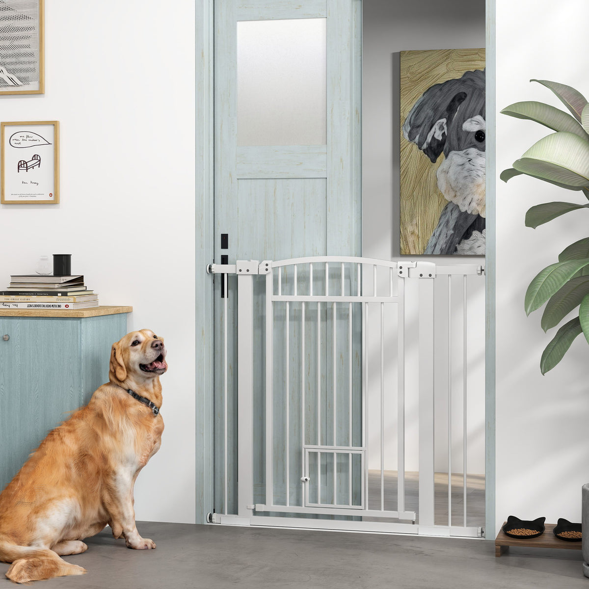 Barrera de seguridad para perros, sistema de doble cierre, montaje a presión o con tornillos, ancho 76-104 cm, blanca