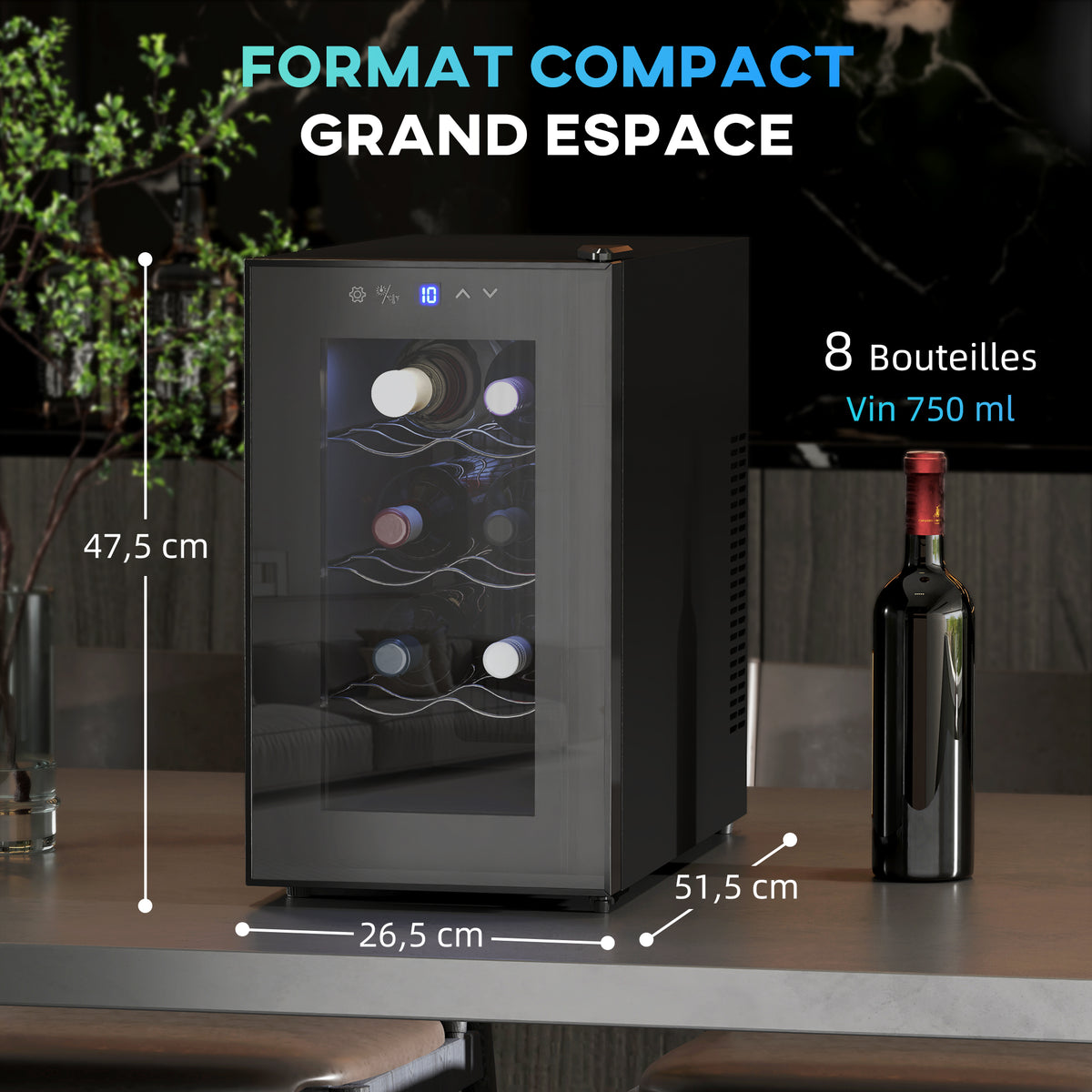 Cave à vin 8 bouteilles 21L, réfrigérateur à vin et boissons avec température réglable 8-18°C, porte en verre, noir