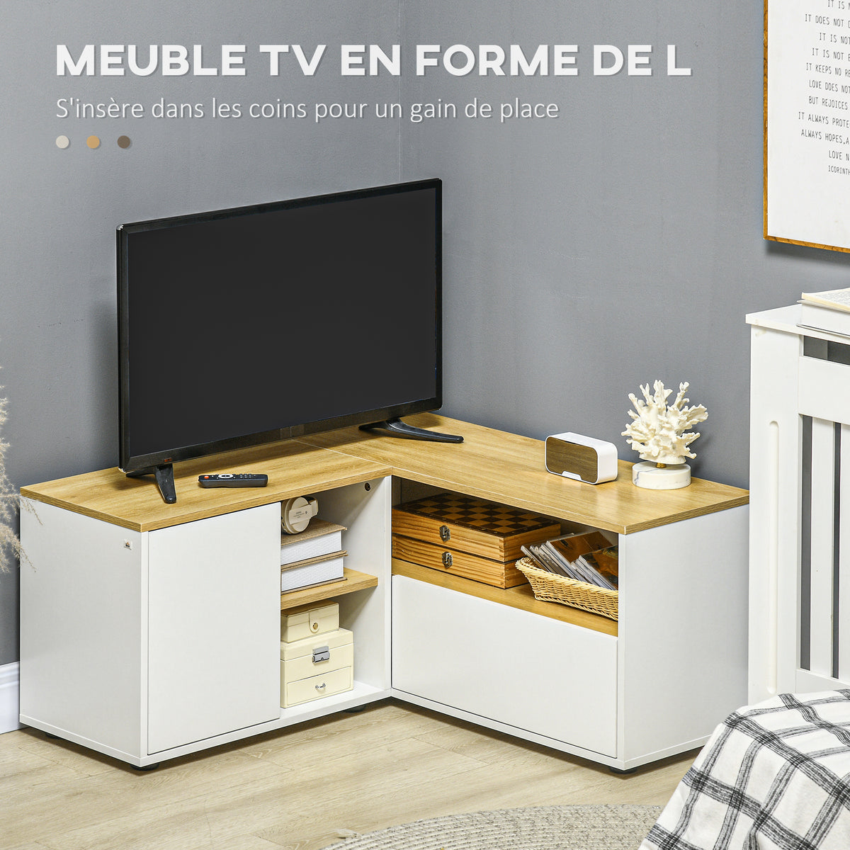 Meuble TV d'angle banc télévision jusqu'à 40 pouces avec rangements aspect bois clair et blanc
