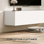 Meuble TV suspendu pour téléviseur jusqu'à 45 55 65 pouces avec 2 placards à portes, 140 x 33 x 29,8 cm, blanc