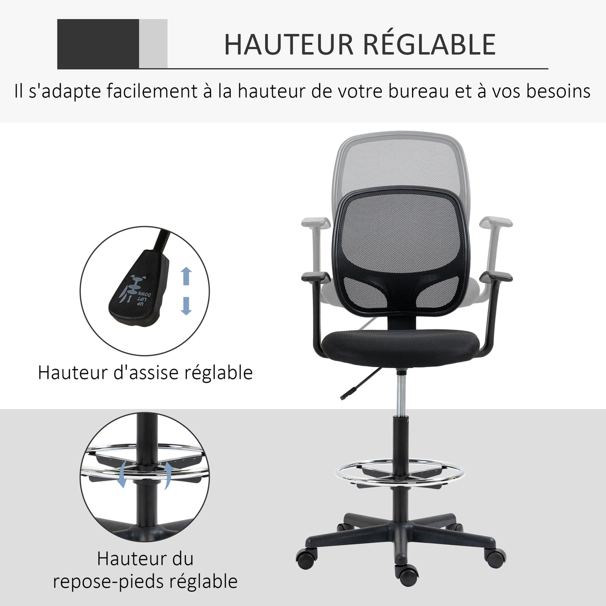 Chaise bureau ergonomique, chaise de dessin, repose-pieds, dossier en maille, hauteur réglable, 64x57x110-132cm, noir