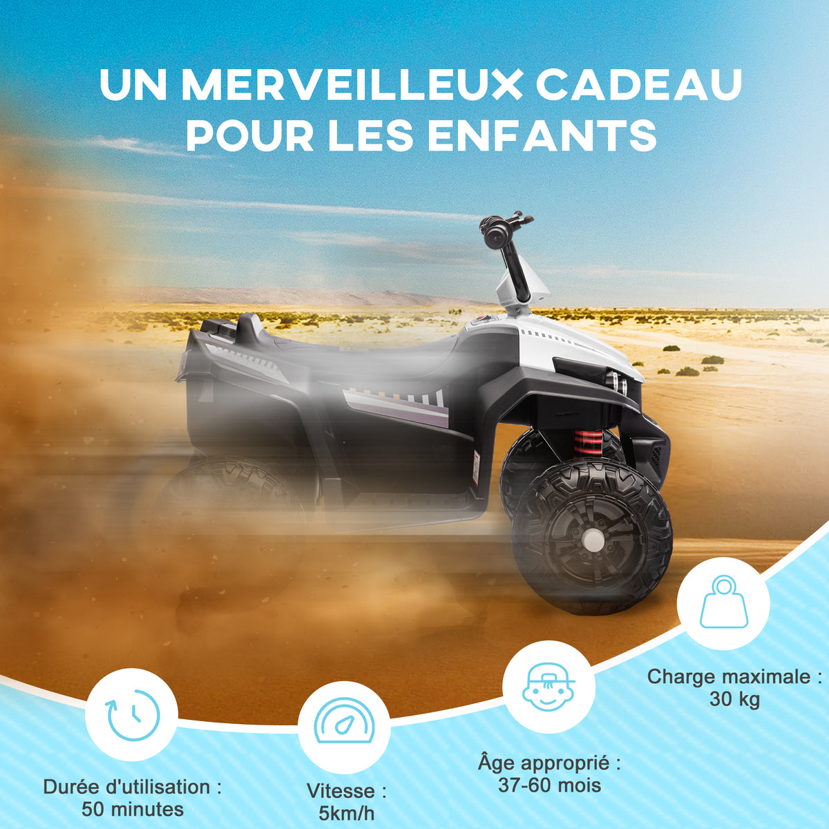 Quad électrique enfant 12 V voiture électrique 2 moteurs marche avant et arrière 37-60 mois 85 x 55,5 x 62 cm blanc