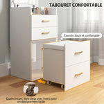 Coiffeuse avec miroir et tabouret 3 en 1, 3 tiroirs et plateau en verre visible, coussin rembourré, 48 x 40 x 90 cm, blanc