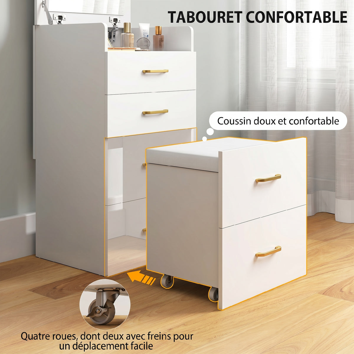 Coiffeuse avec miroir et tabouret 3 en 1, 3 tiroirs et plateau en verre visible, coussin rembourré, 48 x 40 x 90 cm, blanc
