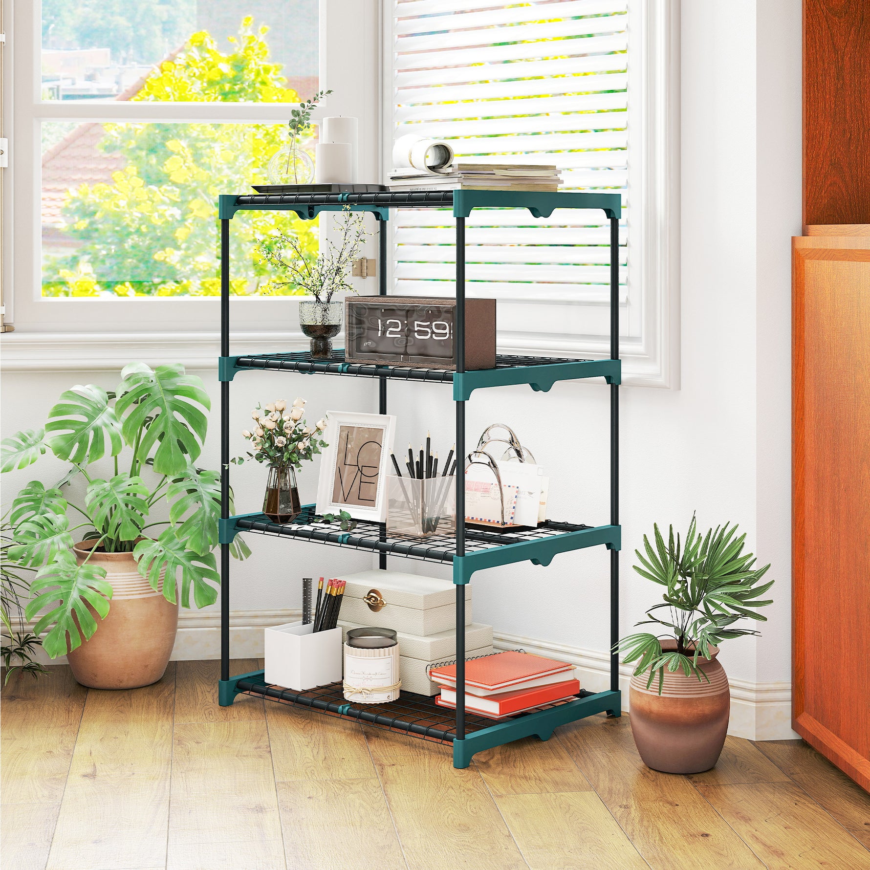 Étagère à fleurs en acier 4 niveaux intérieur et extérieur support de plantes pour jardin balcon salon 67x49x105cm vert