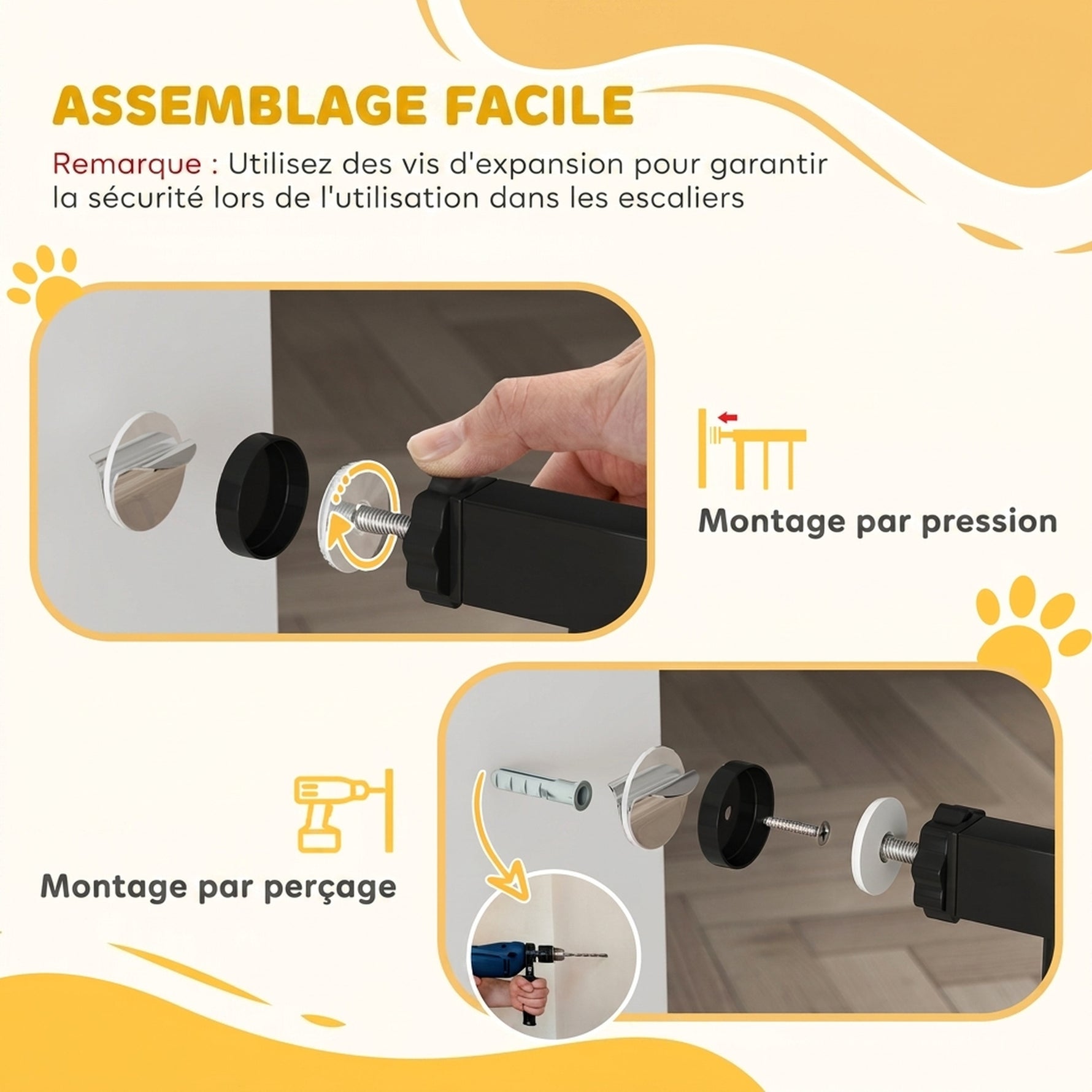 Barrière de sécurité pour chiens et bébés 76 à 81 cm avec extension fixation par pression sans perçage blanc